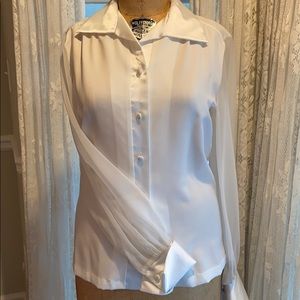 White satin trimmed sheer sleeved blouse M